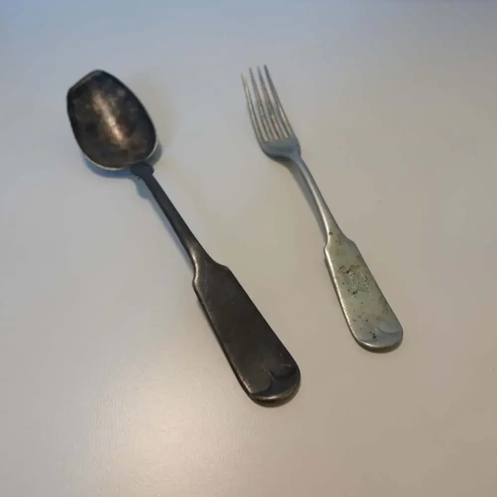 Antique R engraved Fork with spoon Set Silver